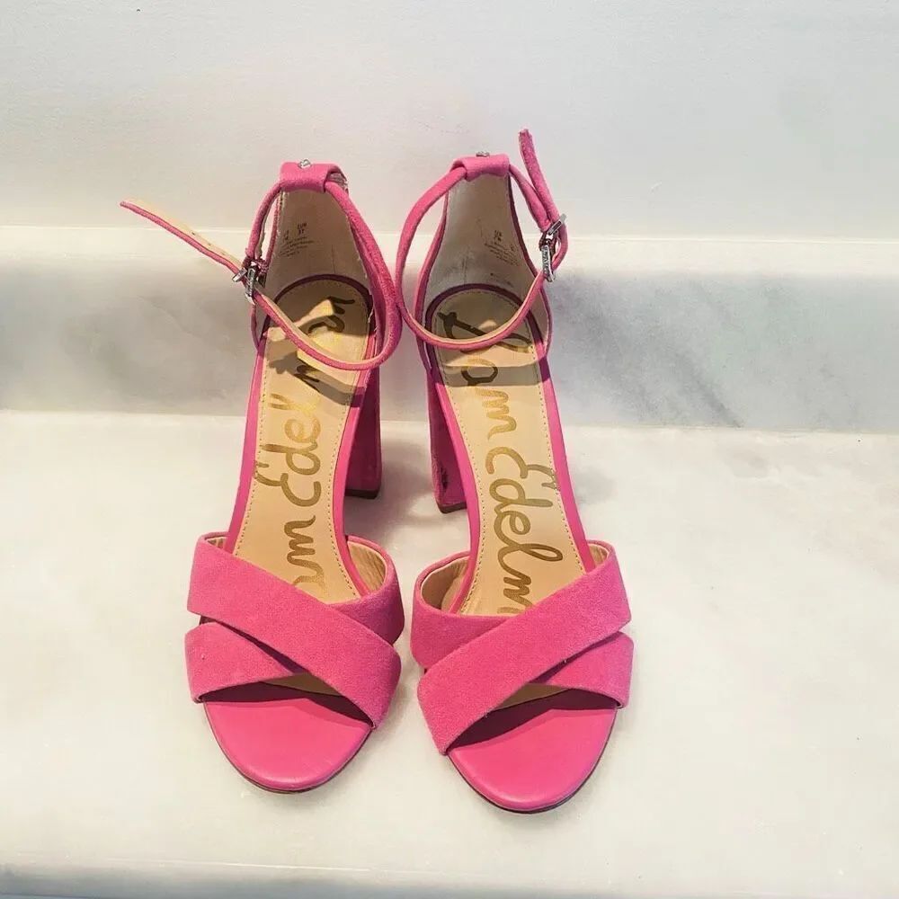 Sam Edelman Suede Ankle Strap Block Heel Yancy Sandals Pink Size 7